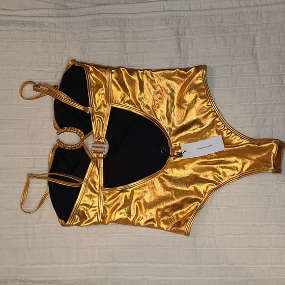 KAREN MILLEN☆Metallic Cut Out Gold Trim Swinsuit - Picture 4 of 5